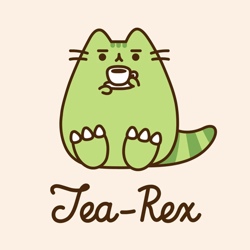 A Green Cat Holding A Cup Of Tea And The Name Tea-Rex GIF