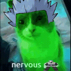 A Green Cat Wearing A White Hat With The Words Nervous Written On It GIF