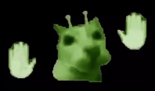 a green cat with a crown on its head and two green hands behind it .