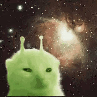 A Green Cat With Alien Ears Looks At The Camera In Front Of A Galaxy GIF