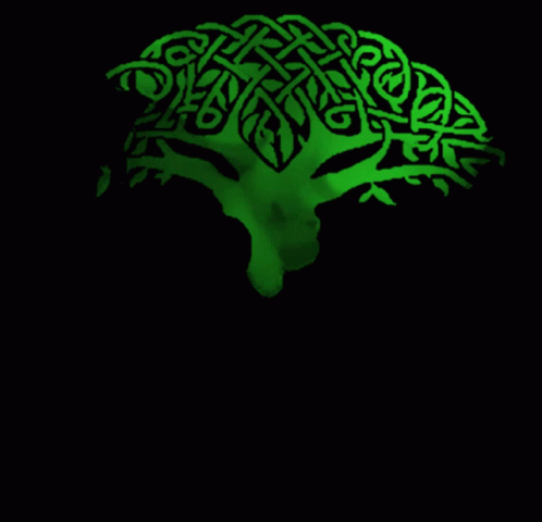 A Green Celtic Tree With Leaves And Branches On A Black Background GIF