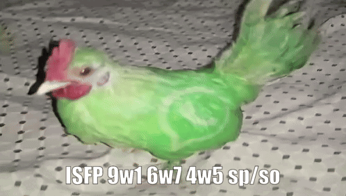 A Green Chicken With The Words Isfp 9W1 6W7 4W5 Sp / So Written On It . GIF