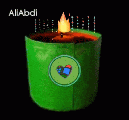 A Green Container With A Candle Inside Of It And The Name Aliabadi On The Bottom GIF
