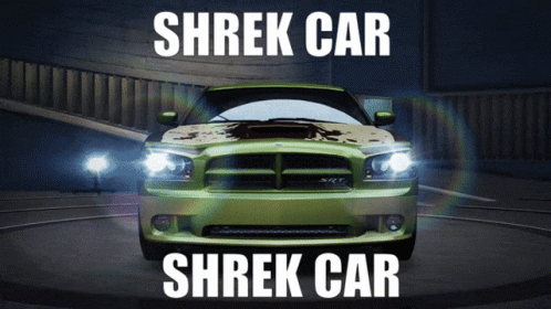 A Green Dodge Charger With Shrek Car Written In White Letters GIF