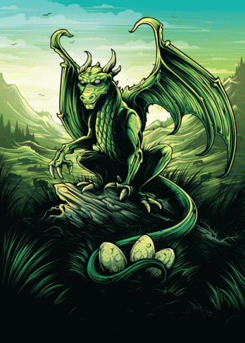 A Green Dragon Is Sitting On A Rock With Eggs GIF
