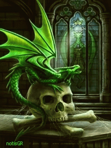 A Green Dragon Is Sitting On Top Of A Skull And Crossbones In Front Of A Stained Glass Window GIF