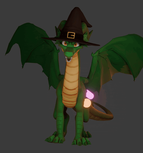 A Green Dragon Wearing A Witch Hat With A Gold Buckle GIF