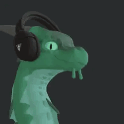 A Green Dragon Wearing Headphones With A Triangle On Them . GIF