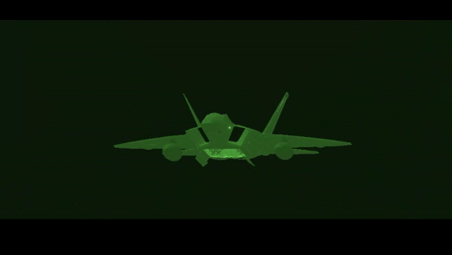 A Green Fighter Jet Is Flying Through The Air GIF