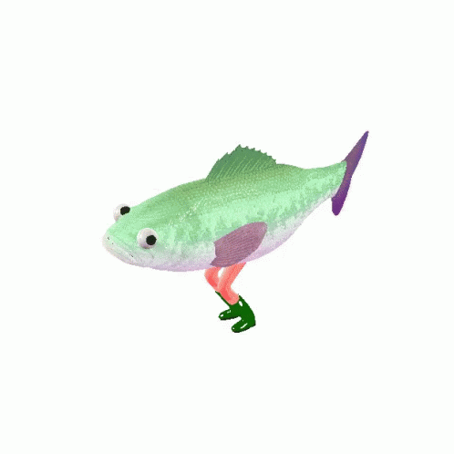 A Green Fish With A Purple Tail Is Wearing Green Socks GIF