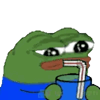 a green frog is drinking through a straw
