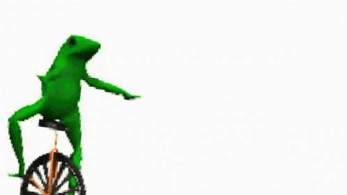 A Green Frog Is Riding A Bike With The Words `` Here Come Dat Boi '' . GIF