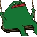 a green frog is sitting on a wooden swing with its mouth open .