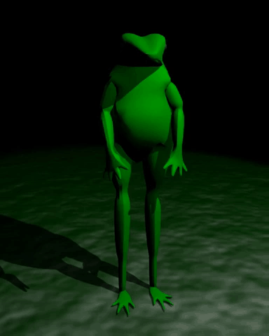 A Green Frog Is Standing In A Dark Room With A Black Background . GIF