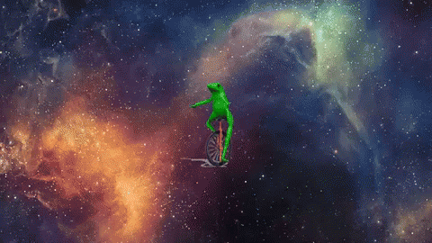 A Green Frog Riding A Bike In Space GIF