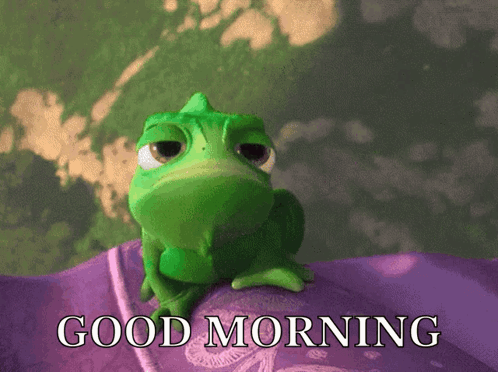 A Green Frog Sitting On A Purple Blanket With The Words Good Morning Written Below It GIF