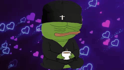 A Green Frog Wearing A Black Hat With A Cross On It Is Holding A Cup Of Coffee GIF