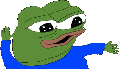 a green frog wearing a blue shirt is waving its hand