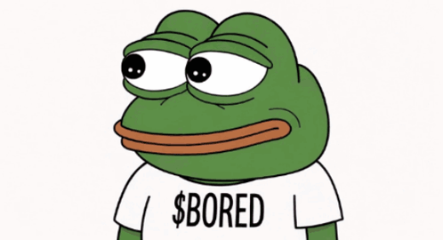 a green frog wearing a white shirt that says $ bored