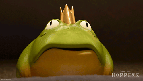 A Green Frog With A Gold Crown On Its Head Is On A Disney Pixar Poster GIF