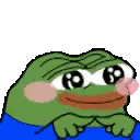 a green frog with a pink cheek is sitting on a blue blanket .