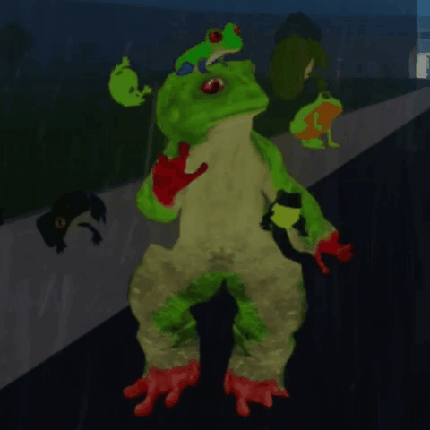 A Green Frog With Red Feet Is Standing On A Dark Street GIF