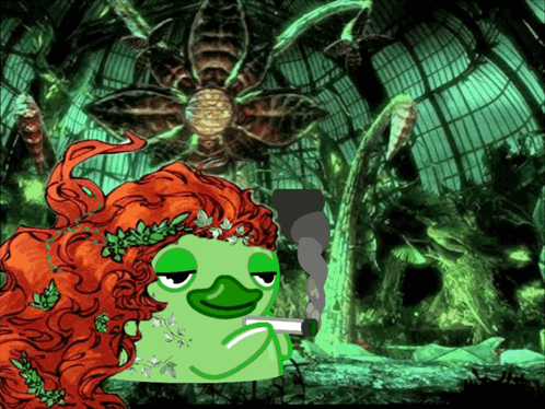 A Green Frog With Red Hair Is Smoking A Cigarette In Front Of A Flower GIF