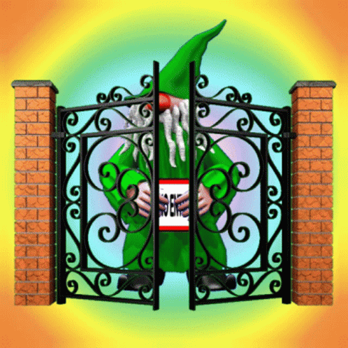 A Green Gnome Is Standing Behind A Wrought Iron Gate With A Sign That Says See GIF