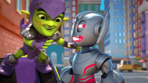 A Green Goblin And A Robot Are Standing Next To Each Other In A City GIF