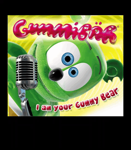A Green Gummy Bear Singing Into A Microphone With The Words I Am Your Gummy Bear Below It GIF