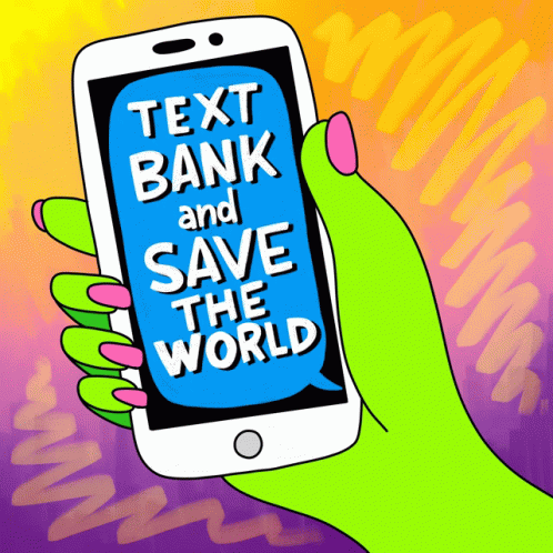 A Green Hand Is Holding A Cell Phone That Says Text Bank And Save The World On The Screen GIF