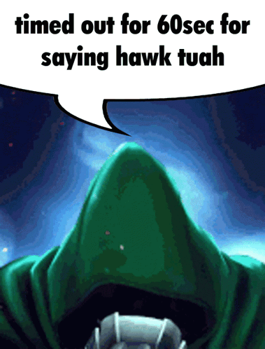 A Green Hooded Figure With A White Speech Bubble That Says Timed Out For 60 Sec For Saying Hawk Tuah GIF