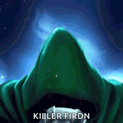 A Green Hooded Figure With The Words Killer Firdn Written Below It GIF