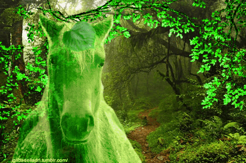 A Green Horse With A Leaf On Its Head Is In A Lush Green Forest GIF