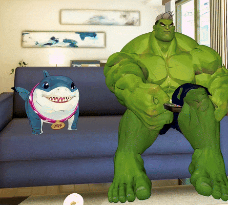 A Green Hulk Sits On A Blue Couch Next To A Blue Shark With A Tag That Says Peep GIF
