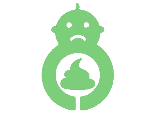 a green icon of a baby with a sad face and a poop