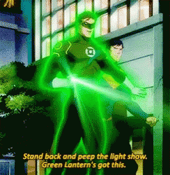 a green lantern is standing in front of a building