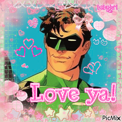 A Green Lantern With A Pink Bow On His Head Is Surrounded By Hearts And Says `` Love Ya '' . GIF