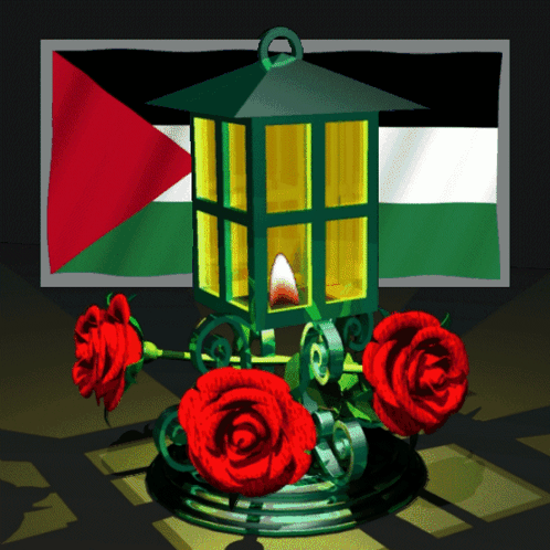 A Green Lantern With Red Roses In Front Of A Flag Of Palestine GIF