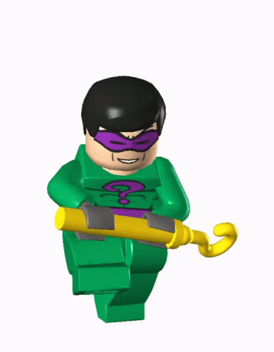 A Green Lego Figure With A Purple Question Mark On His Chest GIF
