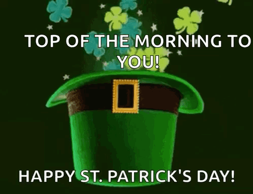 A Green Leprechaun Hat With Clovers Coming Out Of It . GIF