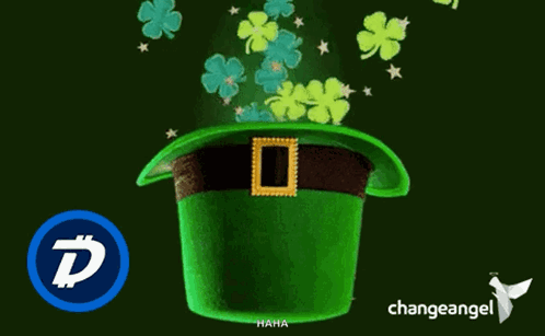 A Green Leprechaun Hat With Clovers Coming Out Of It And A Change Angel Logo GIF