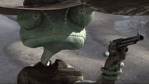 A Green Lizard Wearing A Cowboy Hat Holds A Gun GIF