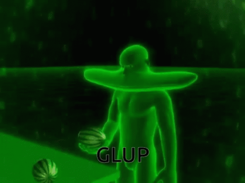 A Green Man Is Holding A Watermelon And The Word Glup Is On The Bottom Of The Screen . GIF