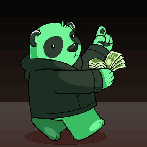 A Green Panda Bear Is Holding A Stack Of Money GIF