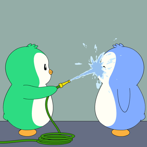 A Green Penguin Is Spraying Water On A Blue Penguin 'S Face GIF