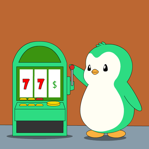 A Green Penguin Is Standing In Front Of A Slot Machine That Has The Number 777 On It GIF