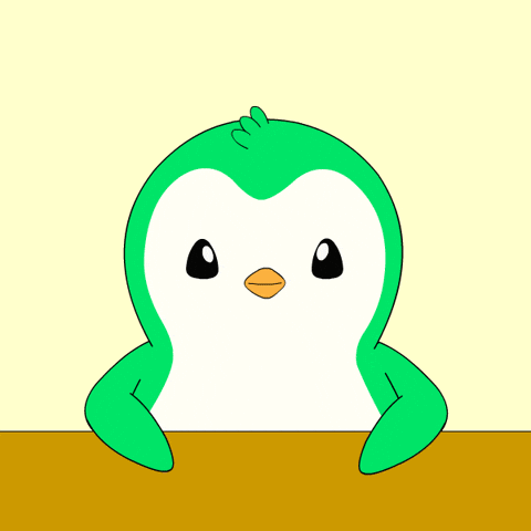 A Green Penguin With Hearts And The Word Wow On It GIF