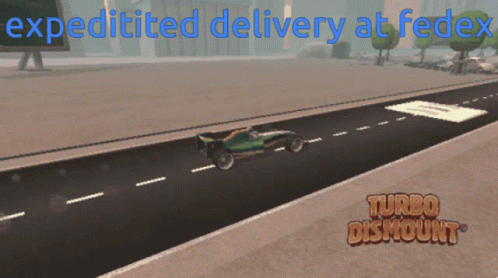 A Green Race Car Is Driving Down A Road With Expedited Delivery At Fedex Turbo Dismount Written On The Bottom GIF