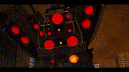 A Green Robot Is Holding A Gun In Front Of A City At Night . GIF